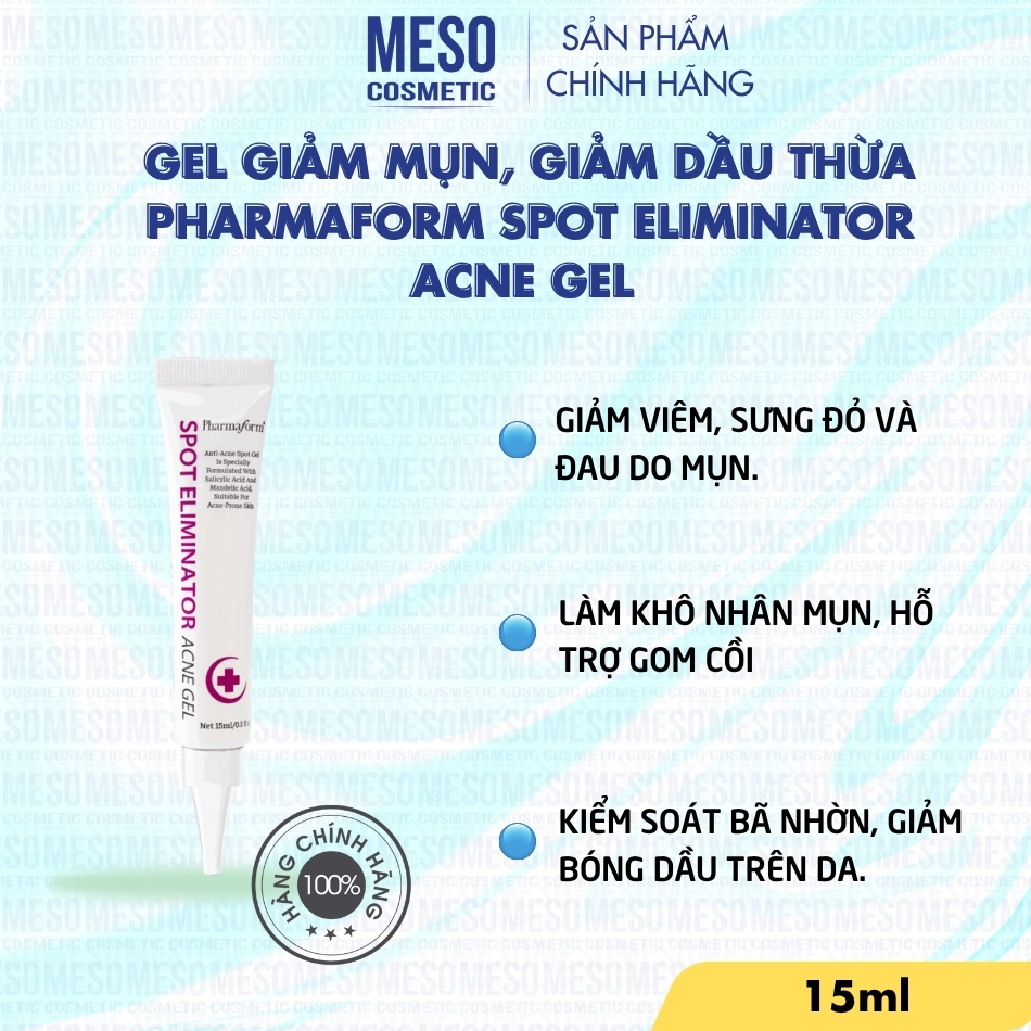 Gel Giảm Mụn, Giảm Dầu Thừa Pharmaform Spot Eliminator Acne Gel 15ml